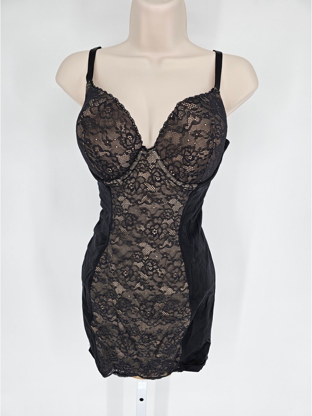 Self Expressions by Maidenform Sz 36D Sexy Slip Dress Beige Black Lace